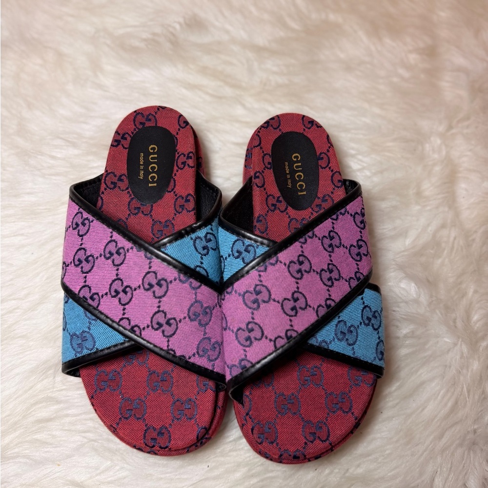 Gucci Pink & Blue GG Canvas Slide Sandals